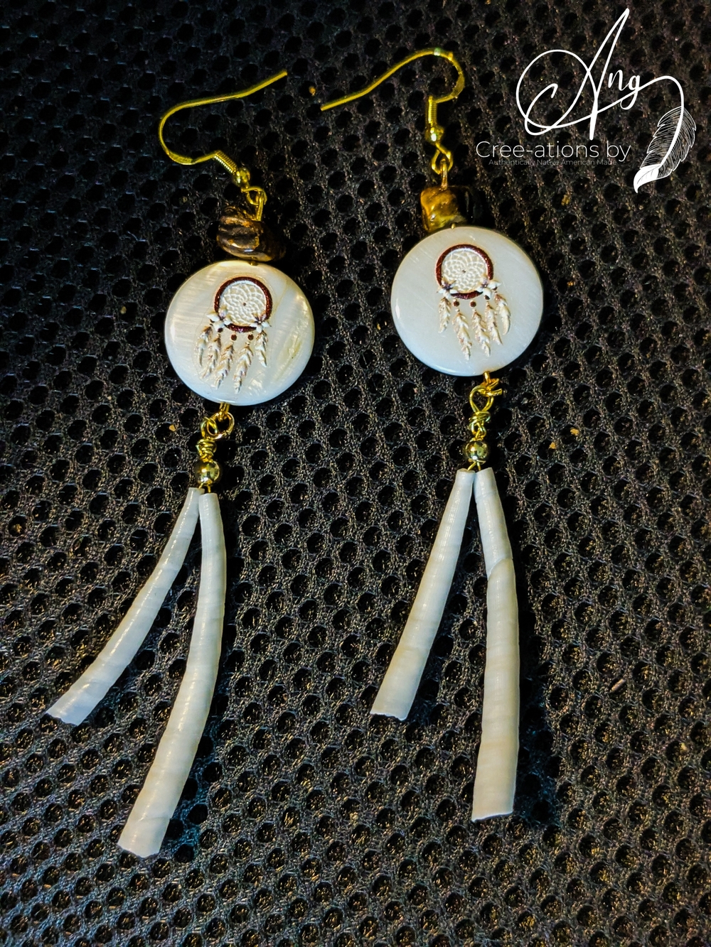Native American White Dreamcatcher Dentalium Shell Drop Dentalium Earrings - Picture 2 of 11